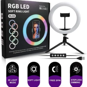 MJ26 RGB LED Ring Light 26cm with Tripod, Phone Holder & 360° Color Modes