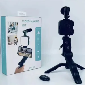 AY-49 Video Making Kit | All-in-One Vlogging Tripod with Wireless Remote, Microphone, LED Light & Mobile Holder